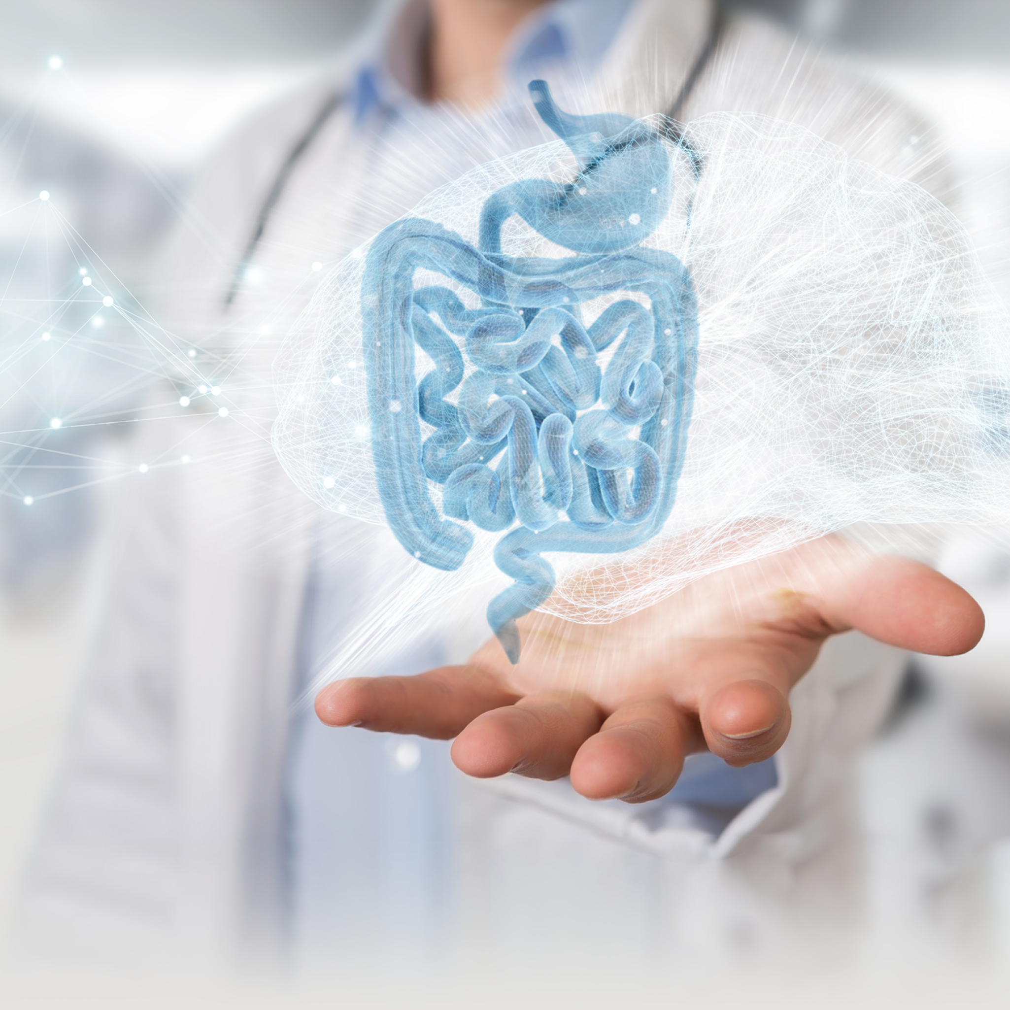 Doctor on blurred background holding digital brain interface 3D rendering