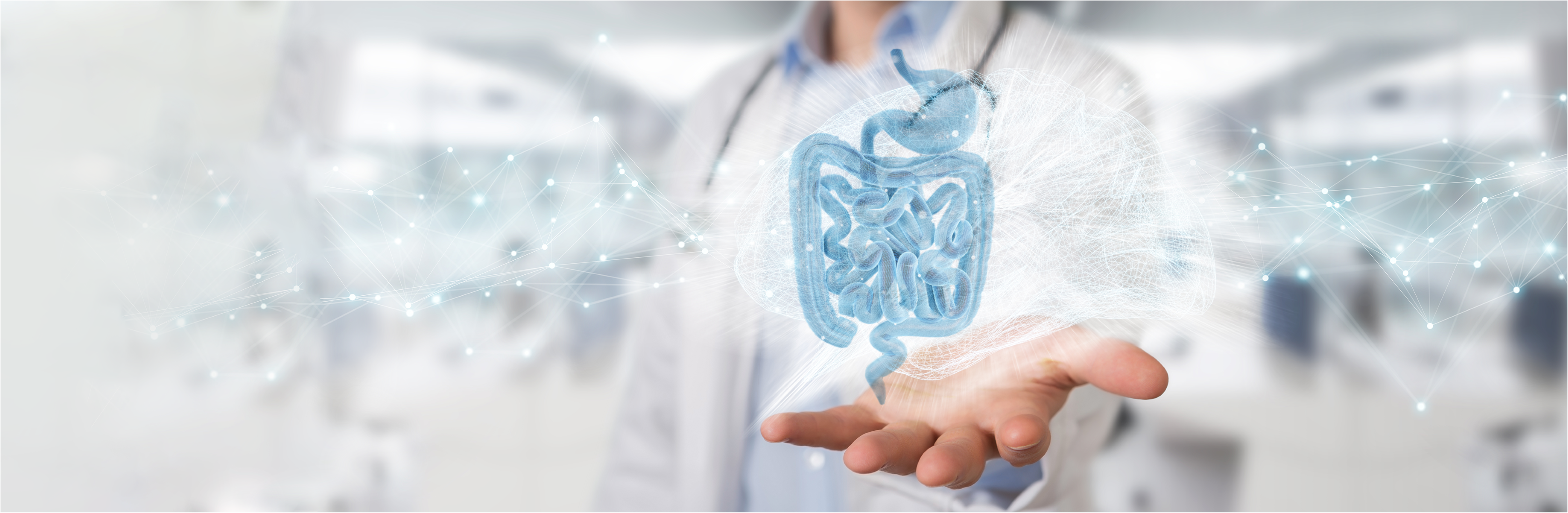 Doctor on blurred background holding digital brain interface 3D rendering